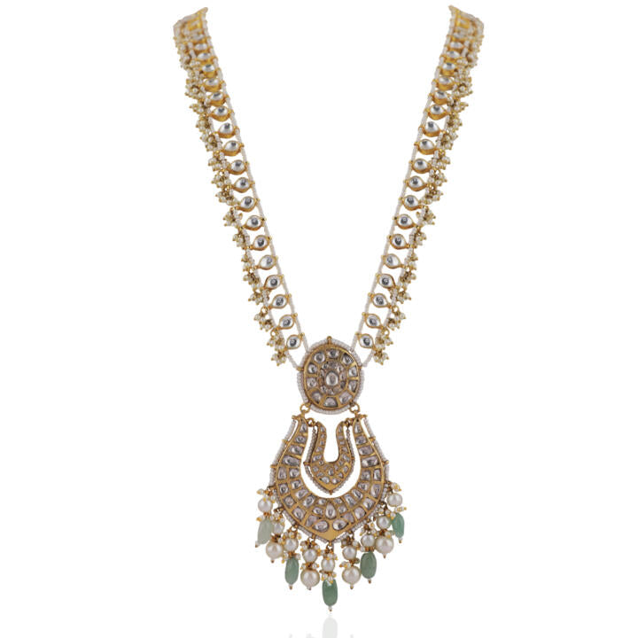 Sea Green Beads With White Pearl Long Necklace Set