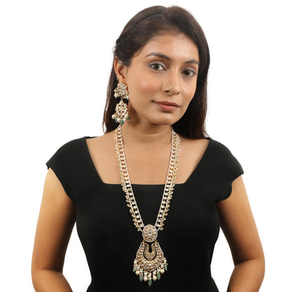 Sea Green Beads With White Pearl Long Necklace Set