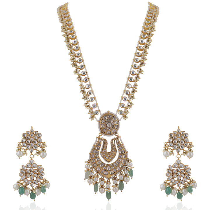 Sea Green Beads With White Pearl Long Necklace Set