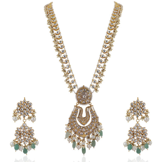 Sea Green Beads With White Pearl Long Necklace Set