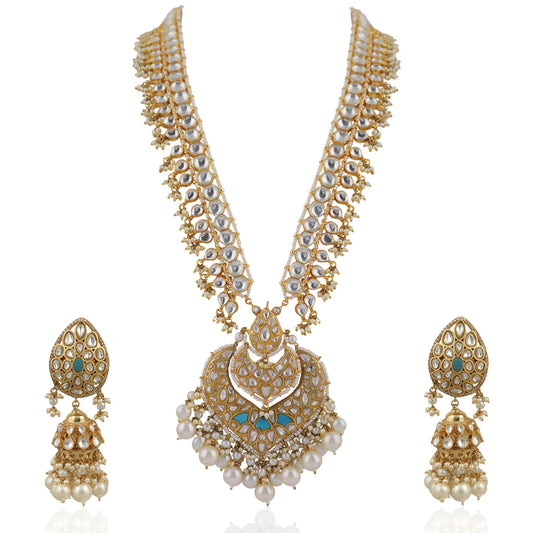 Long Pendant Necklace Set  Studded With White And Blue Jadtar Stones