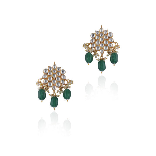 Green Beads Floral White Jadtar Small Earrings