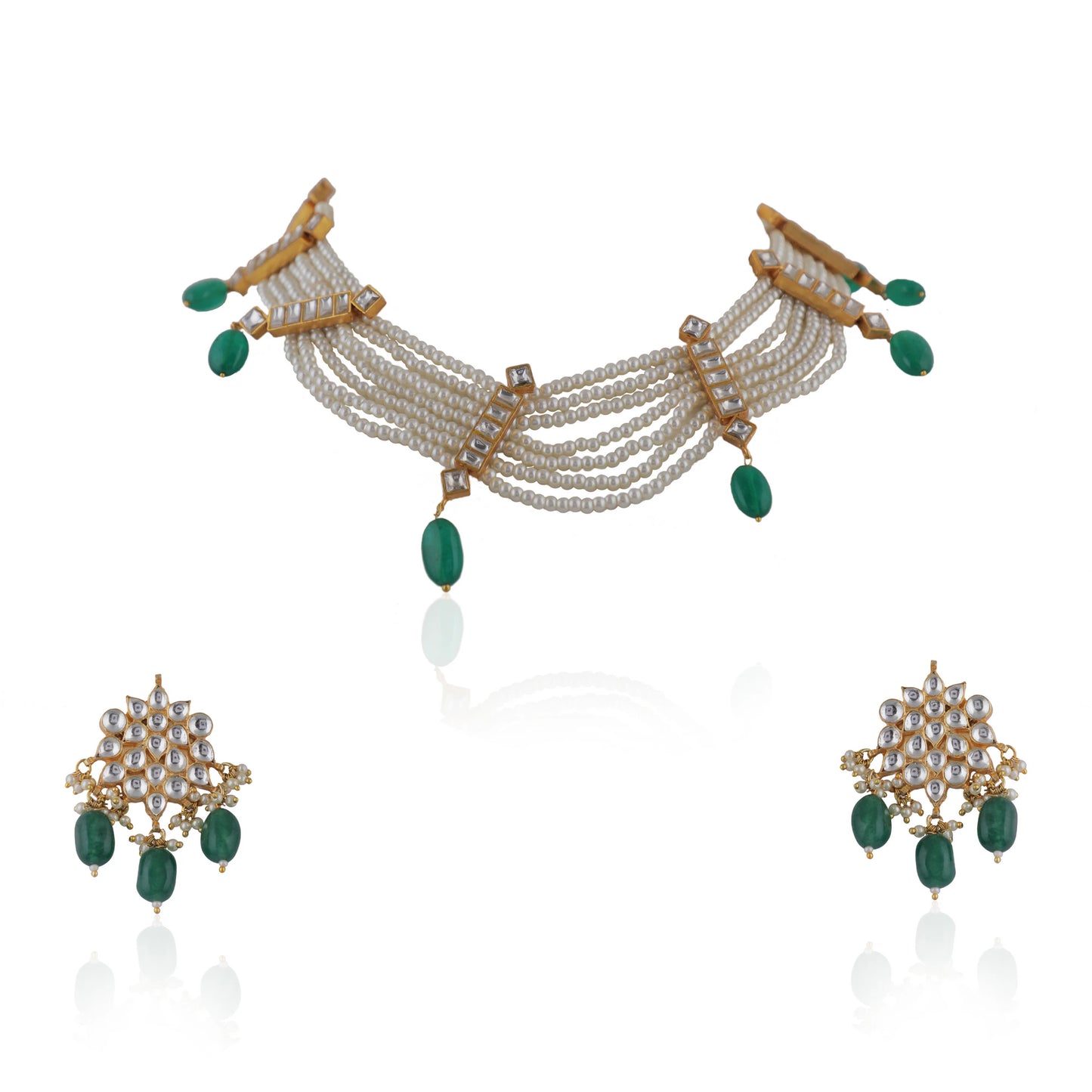 Neclace Set Beaded With Delicate Strings Of Pearls And Emerald Beads