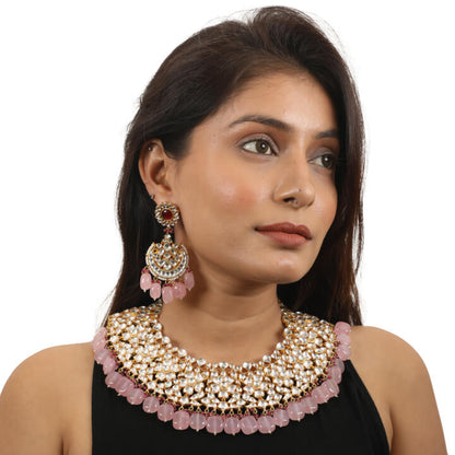 Light Pink Beads White Jadtar Necklace Set