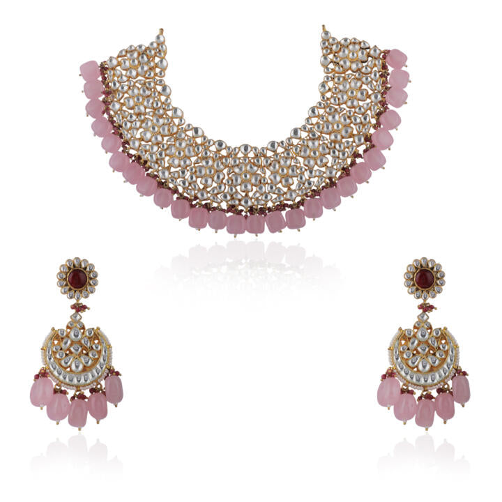 Light Pink Beads White Jadtar Necklace Set