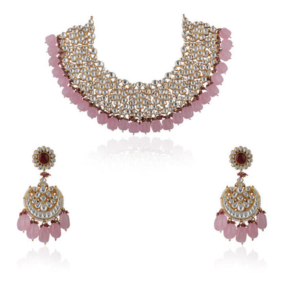 Light Pink Beads White Jadtar Necklace Set