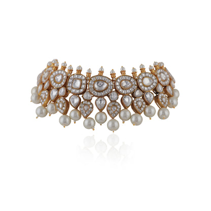 White Jadtar Choker Necklace With Pearls