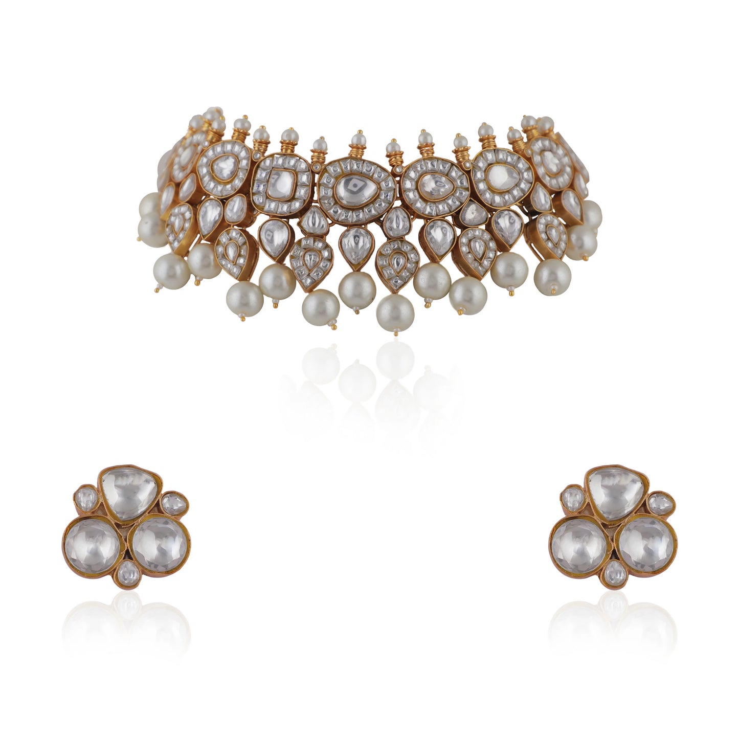 White Jadtar Choker Necklace With Pearls