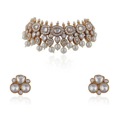 White Jadtar Choker Necklace With Pearls