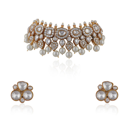White Jadtar Choker Necklace With Pearls
