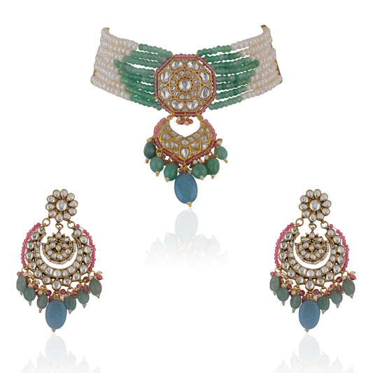 Choker Necklace Belt With Chandbaalis In Pastel Shades And Pearls