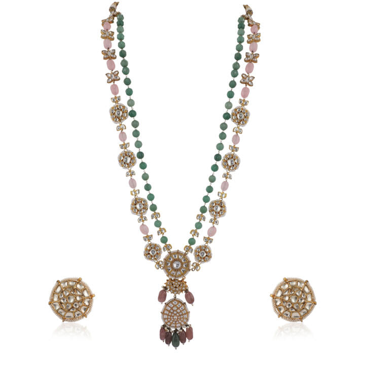 Sea Green And Light Pink Beads White Jadtar Long Necklace With Studs
