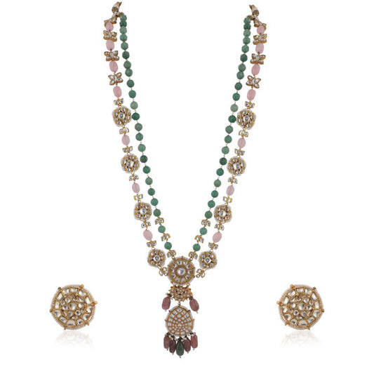 Sea Green And Light Pink Beads White Jadtar Long Necklace With Studs