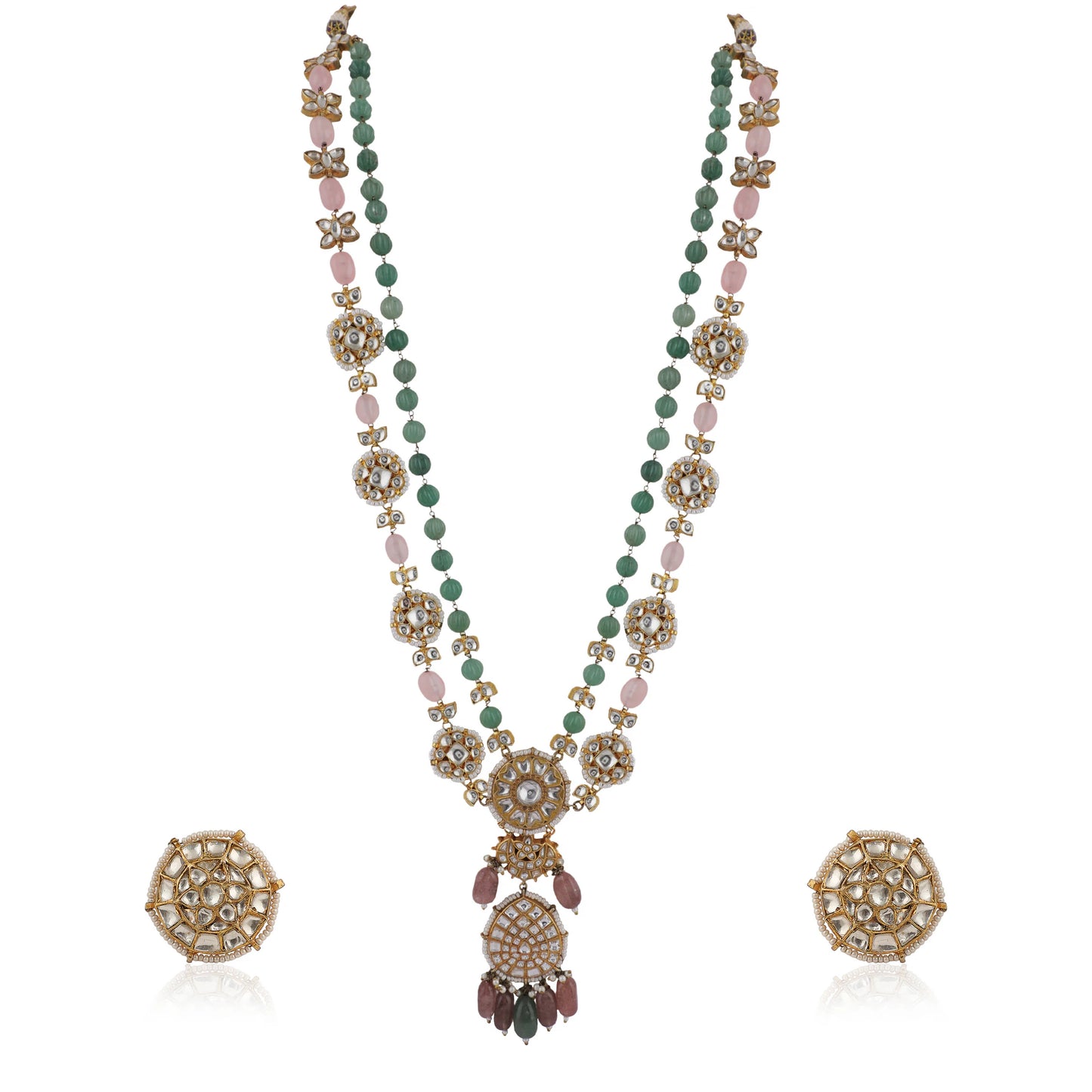Sea Green And Light Pink Beads White Jadtar Long Necklace With Studs