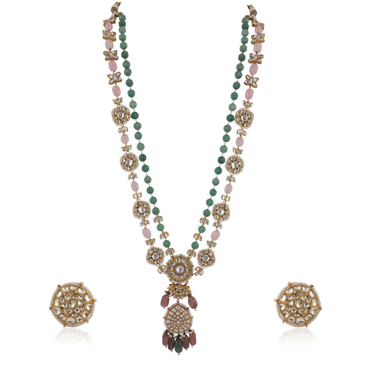 Sea Green And Light Pink Beads White Jadtar Long Necklace With Studs