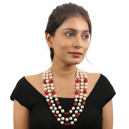 Three String Maala Necklace With Pearls And Ruby Beads