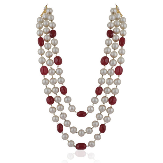 Three String Maala Necklace With Pearls And Ruby Beads