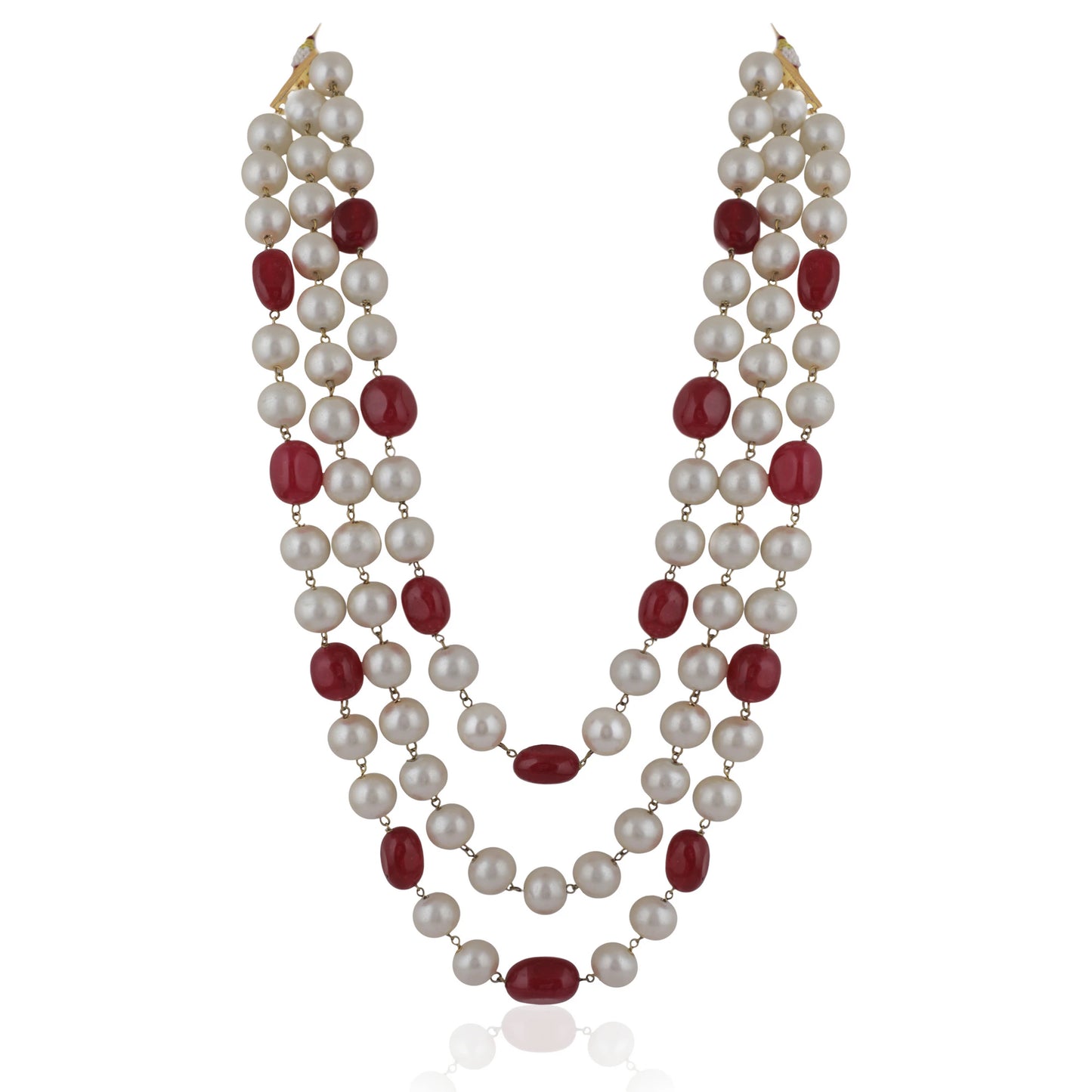 Three String Maala Necklace With Pearls And Ruby Beads
