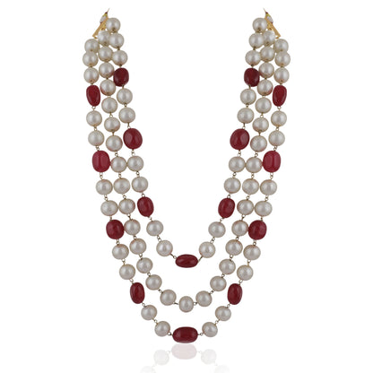 Three String Maala Necklace With Pearls And Ruby Beads
