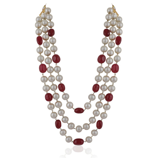 Three String Maala Necklace With Pearls And Ruby Beads