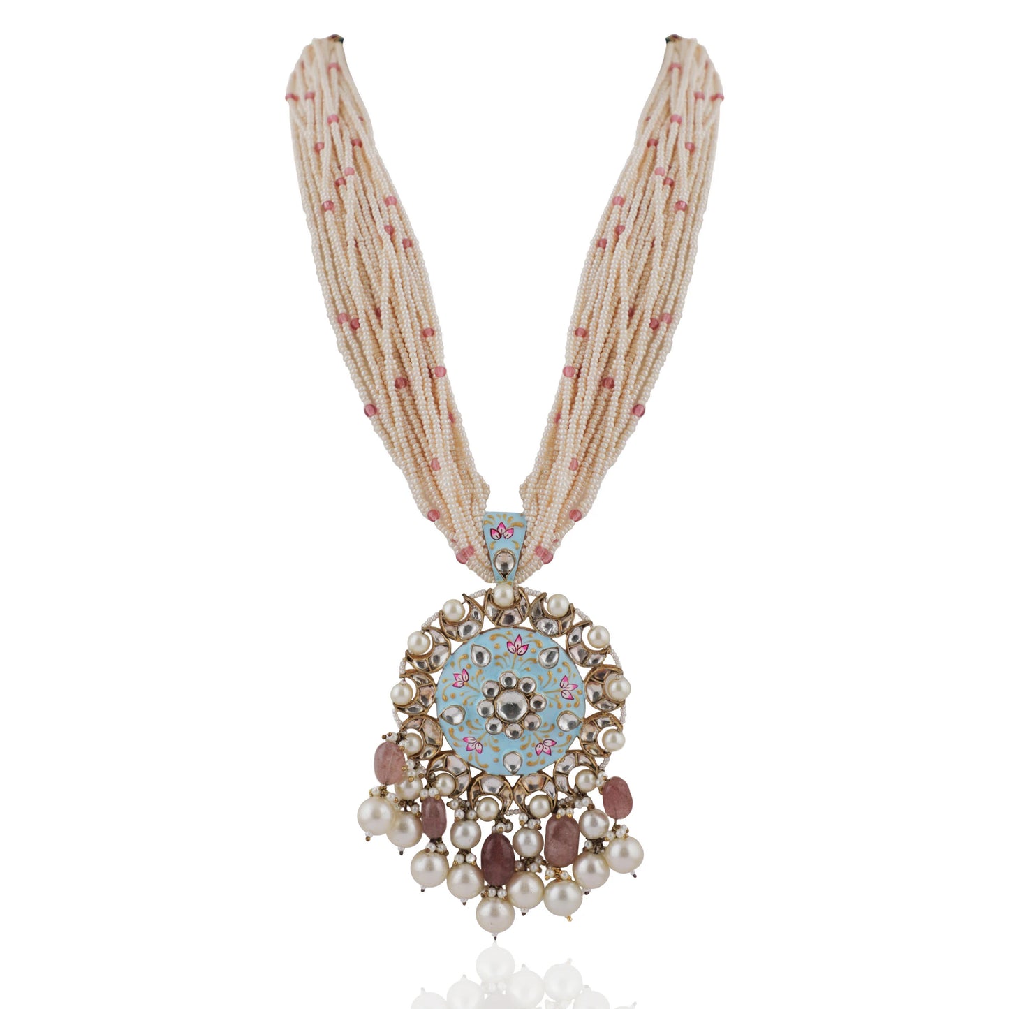 Long Necklace Set  With Firozi Mina Work Pendant And Pastel Pink Beads