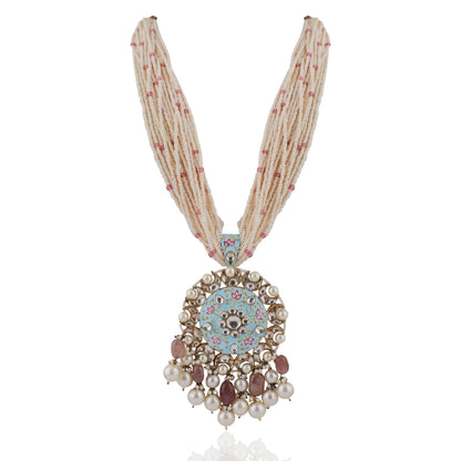 Long Necklace Set  With Firozi Mina Work Pendant And Pastel Pink Beads
