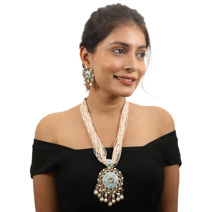 Long Necklace Set  With Firozi Mina Work Pendant And Pastel Pink Beads