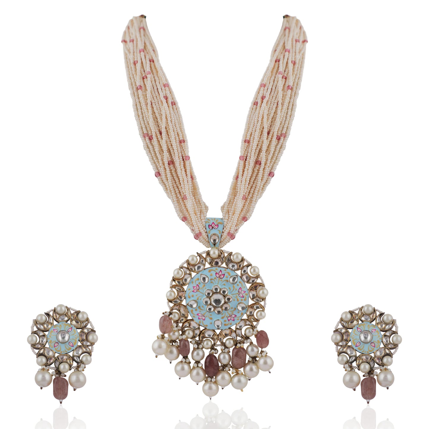 Long Necklace Set  With Firozi Mina Work Pendant And Pastel Pink Beads