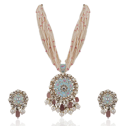 Long Necklace Set  With Firozi Mina Work Pendant And Pastel Pink Beads
