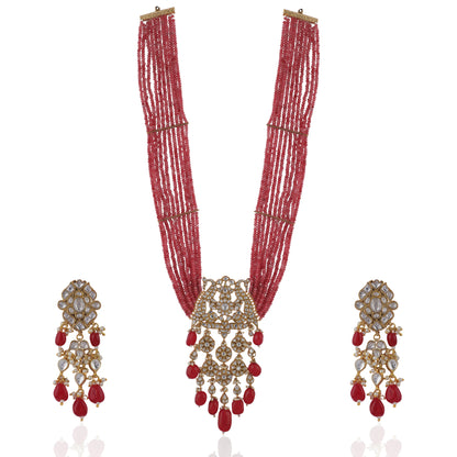 Long Pendant Necklace Set With Peacock Design  Beaded In Strings Of Peachish Pink Shades