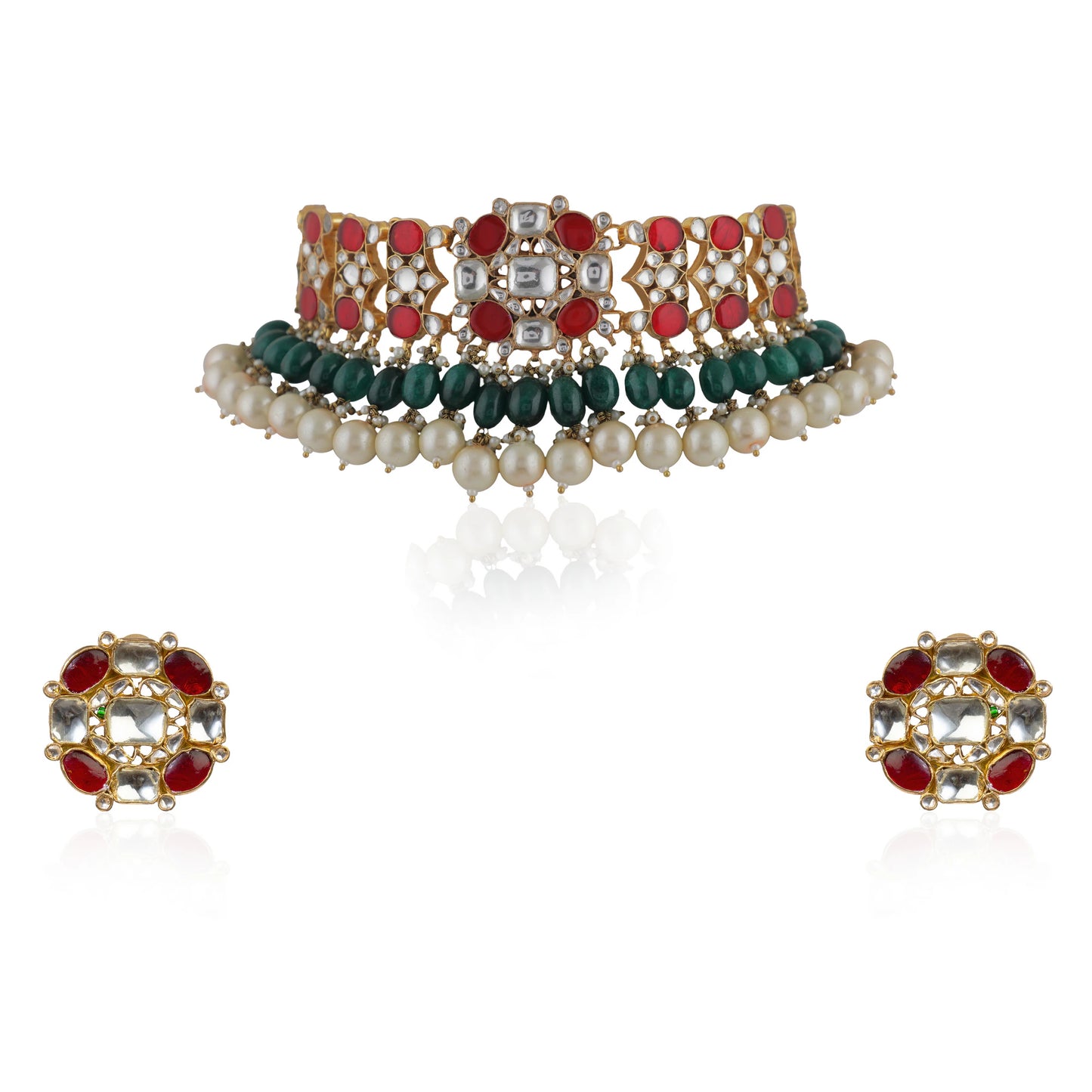 Choker Necklace Set In Red, With Studs And Emerald Drops