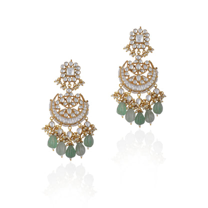 White Jadtar  Necklace Set With Jade Green Drops And Chandbali Earrings
