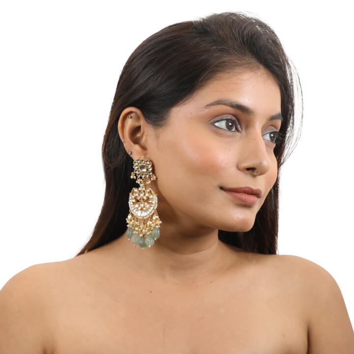 White Jadtar  Necklace Set With Jade Green Drops And Chandbali Earrings