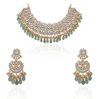 White Jadtar  Necklace Set With Jade Green Drops And Chandbali Earrings