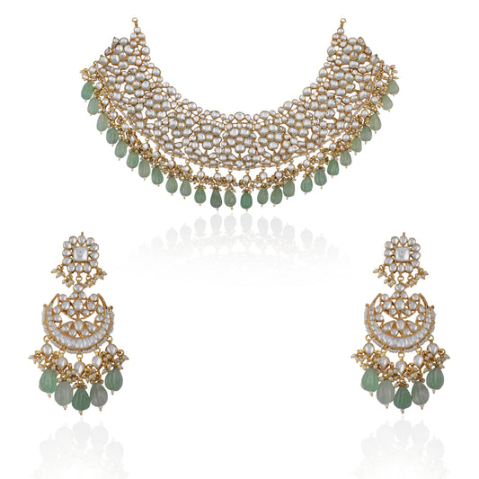White Jadtar  Necklace Set With Jade Green Drops And Chandbali Earrings