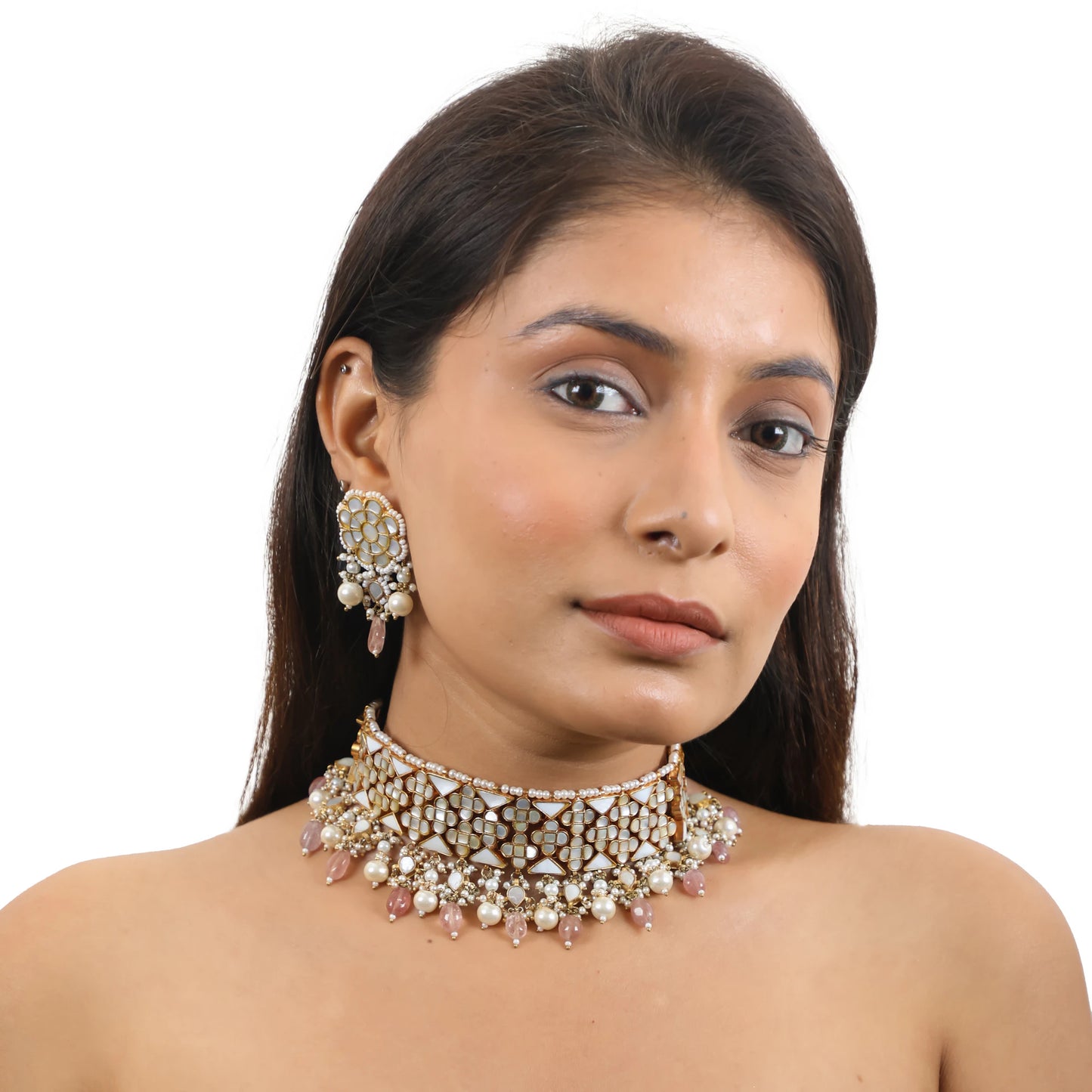 An Intricate Design Of Choker Necklace Studded With Mother Of Pearl Stones And Beaded With Pastel Pink Beads