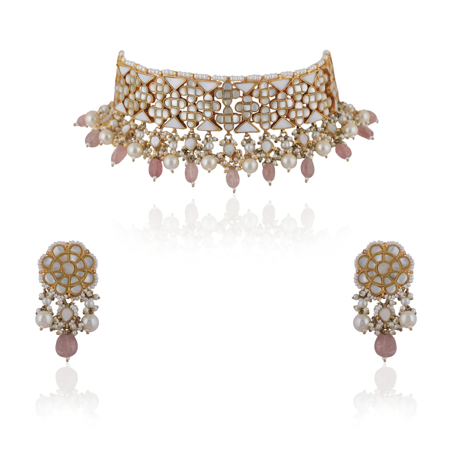 An Intricate Design Of Choker Necklace Studded With Mother Of Pearl Stones And Beaded With Pastel Pink Beads