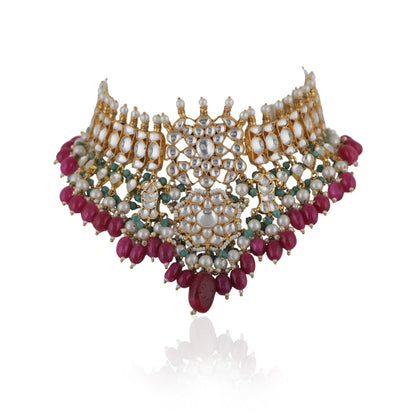 Choker Necklace Set With Jhumkis In Fresh Pink And Emerald Green