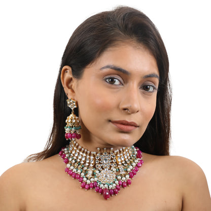 Choker Necklace Set With Jhumkis In Fresh Pink And Emerald Green