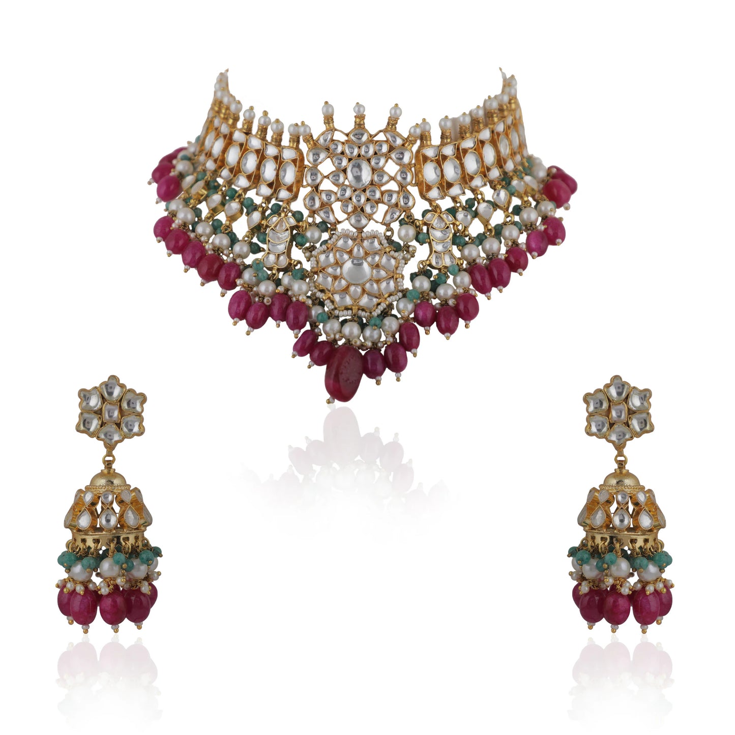 Choker Necklace Set With Jhumkis In Fresh Pink And Emerald Green
