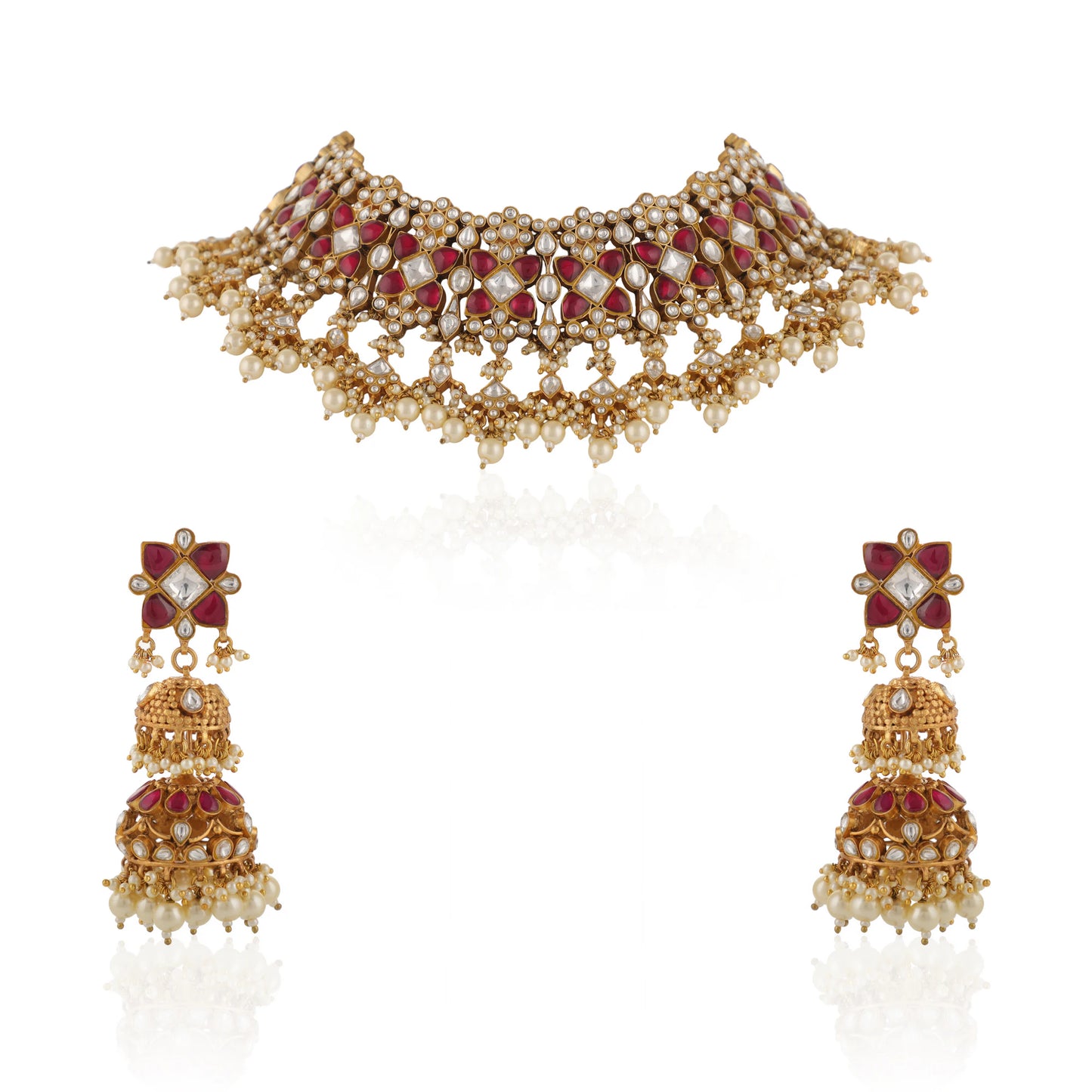 Indian Traditional Wear Bridal Pink And White Jadtar Necklace Set With White Pearl