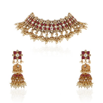 Indian Traditional Wear Bridal Pink And White Jadtar Necklace Set With White Pearl