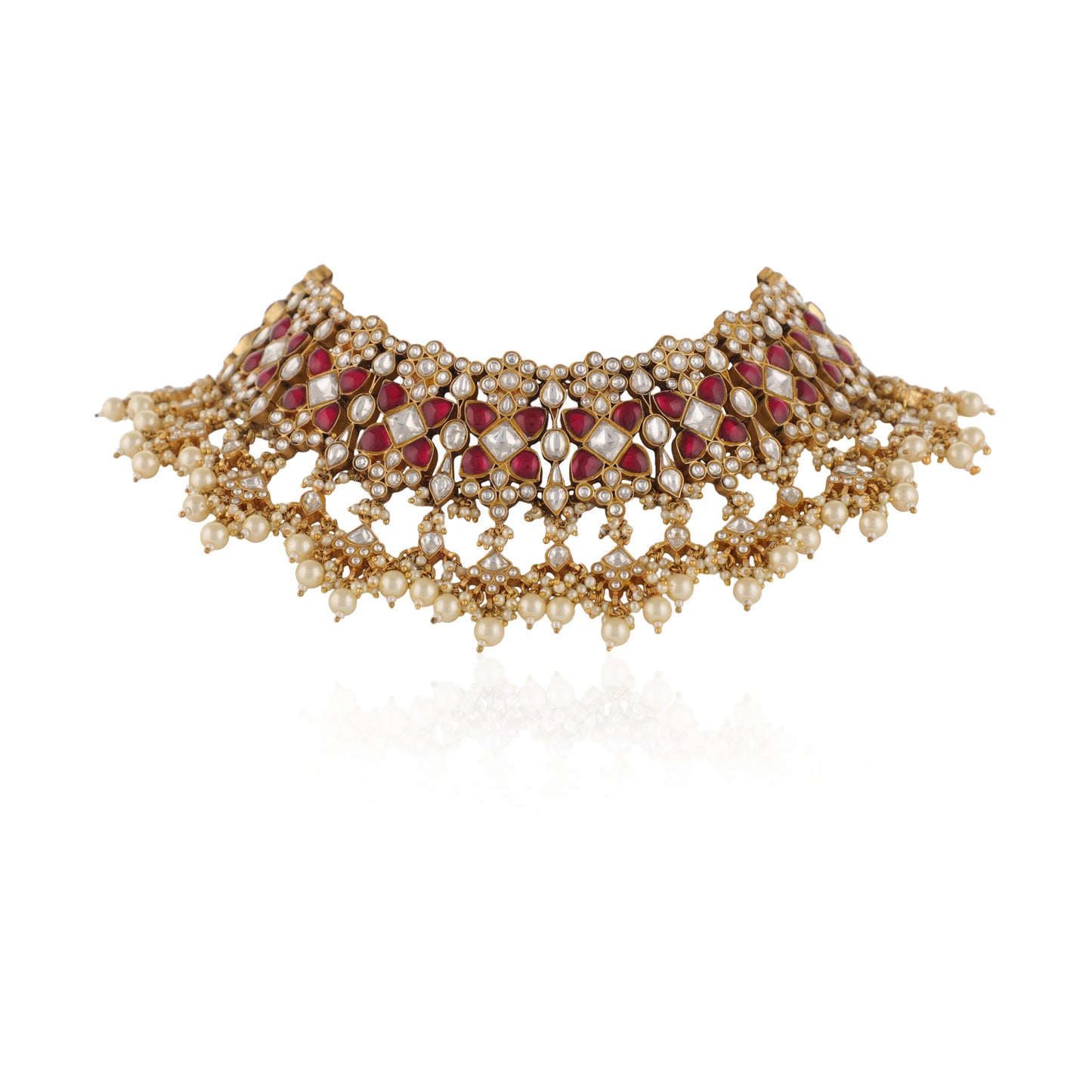 Indian Traditional Wear Bridal Pink And White Jadtar Necklace Set With White Pearl