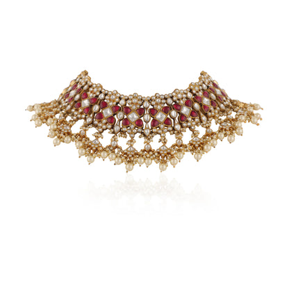 Indian Traditional Wear Bridal Pink And White Jadtar Necklace Set With White Pearl
