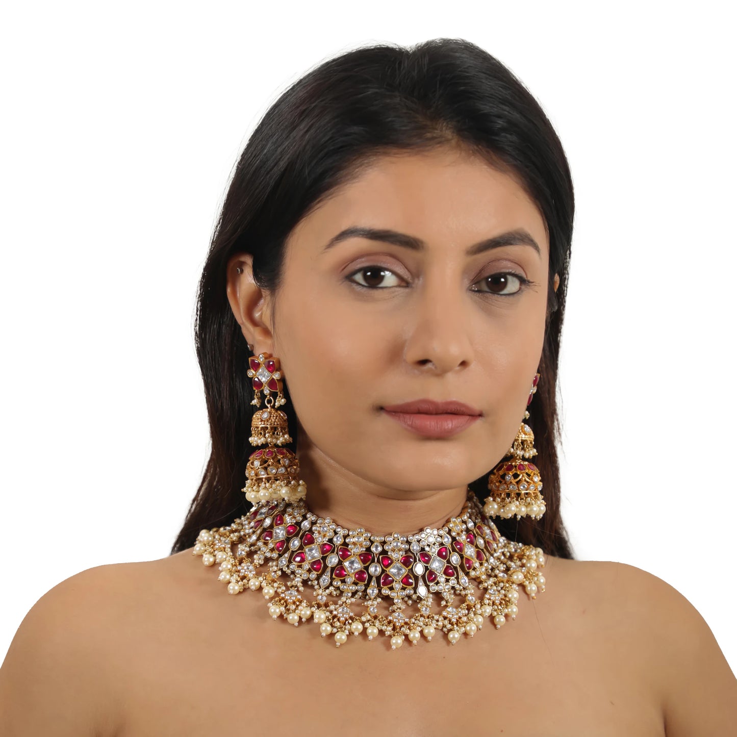 Indian Traditional Wear Bridal Pink And White Jadtar Necklace Set With White Pearl