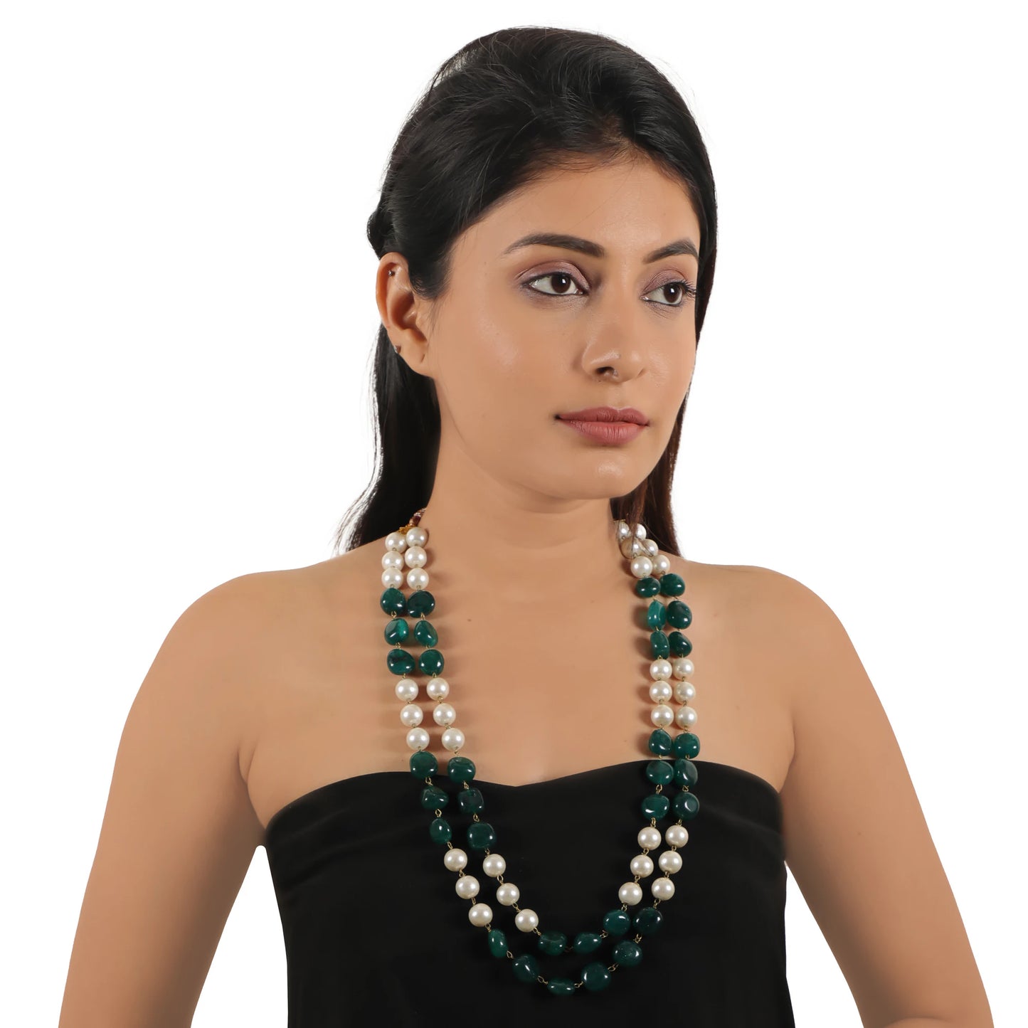 Green Emerald Beads With White Pearl Double Layered Maala