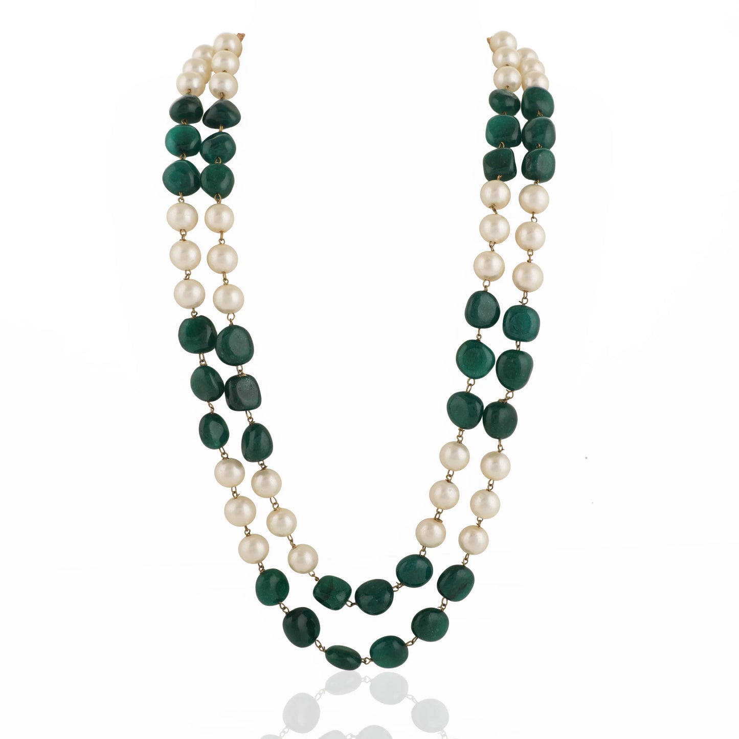Green Emerald Beads With White Pearl Double Layered Maala