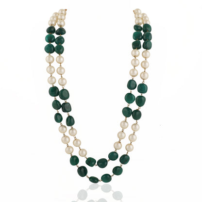 Green Emerald Beads With White Pearl Double Layered Maala