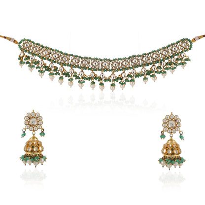 Sea Green And White Jadtar Stone Wedding Wear Choker Set