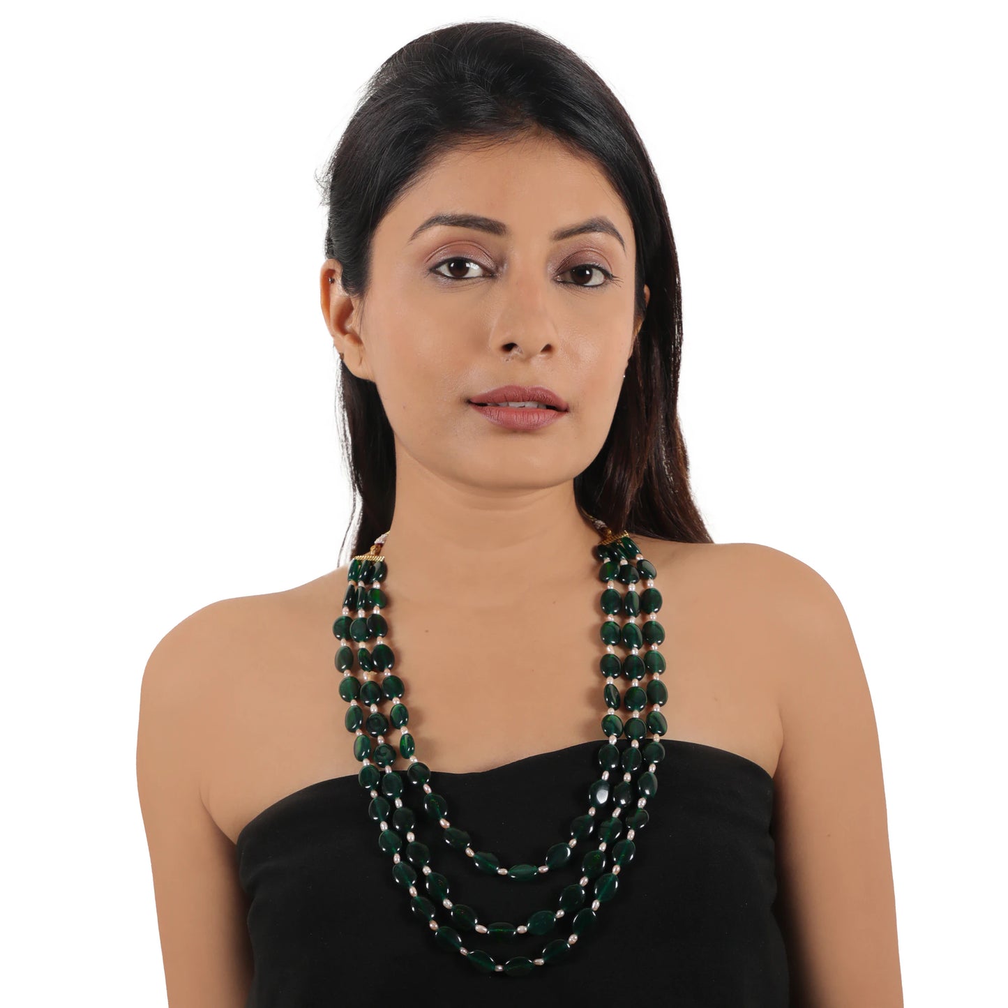 Green Emerald Beads With White Pearl Three Layered Maala